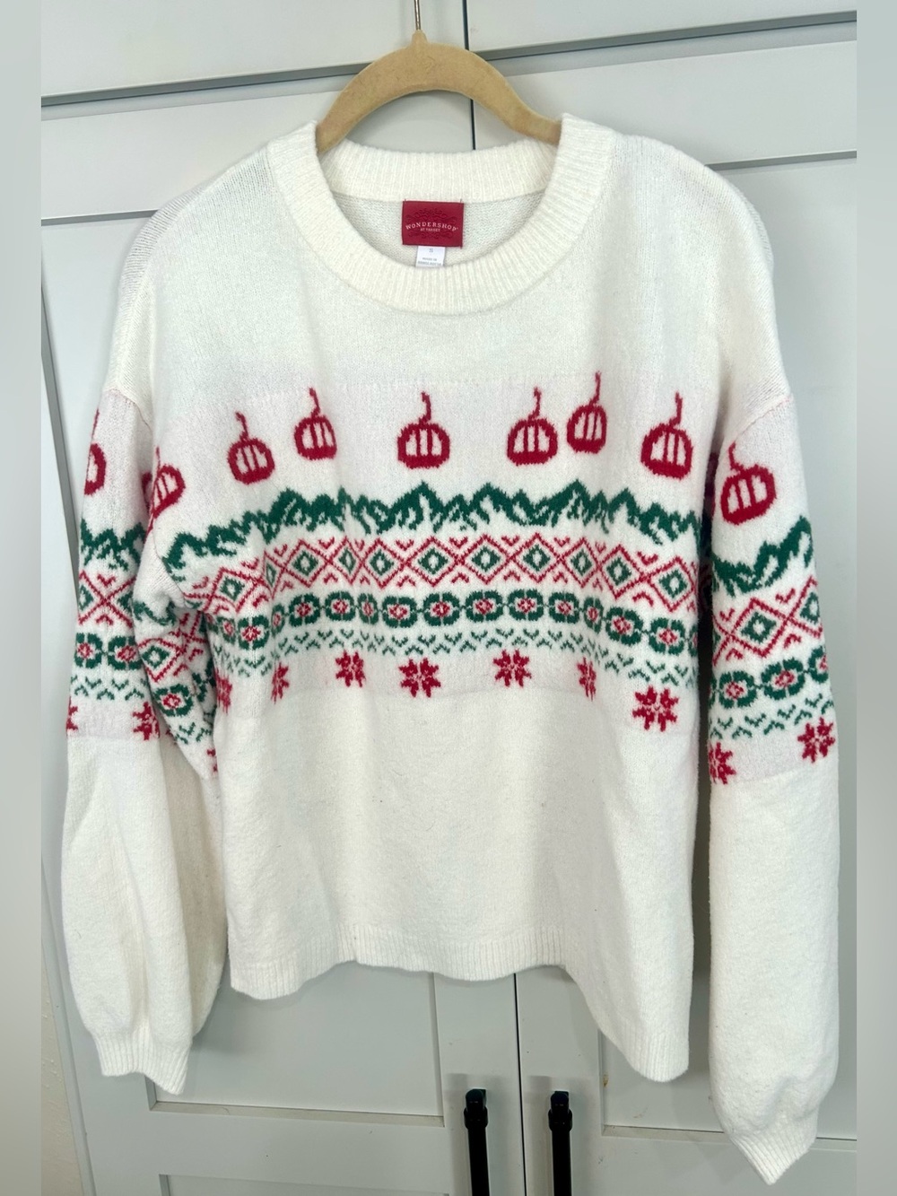 Wondershop White Crewneck Sweater with Red & Green Fair Isle